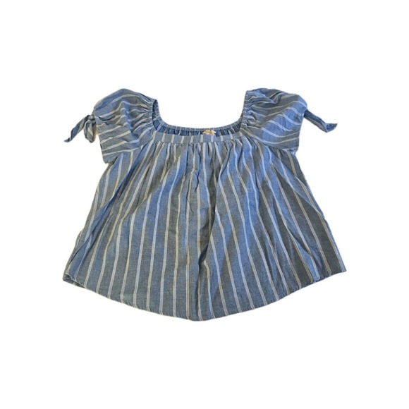 Anthropologie Hem & Thread Puff Tie Sleeve Blue White  Pinstripe Small‎ - Picture 1 of 11